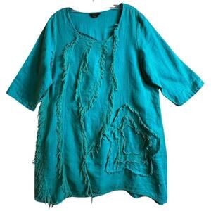 Pecock Ways Artisan 100% Linen Teal Lagenlook Tunic Top Dress Sz L Art To Wear